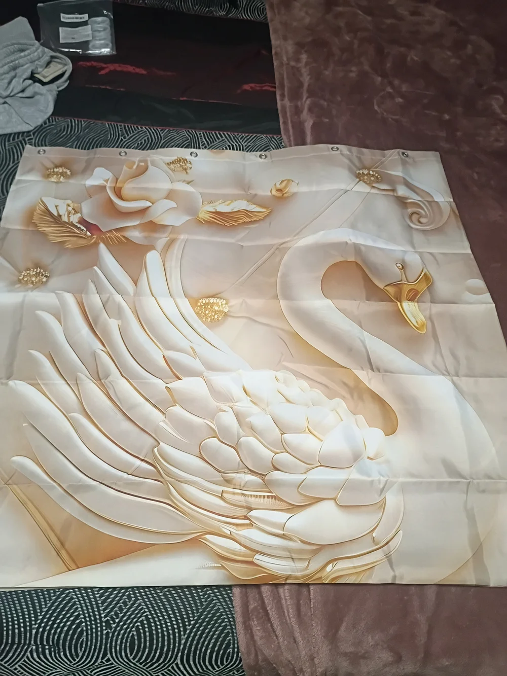 Elegant Gold and Cream Luxury Swan Bathroom Shower Curtain New